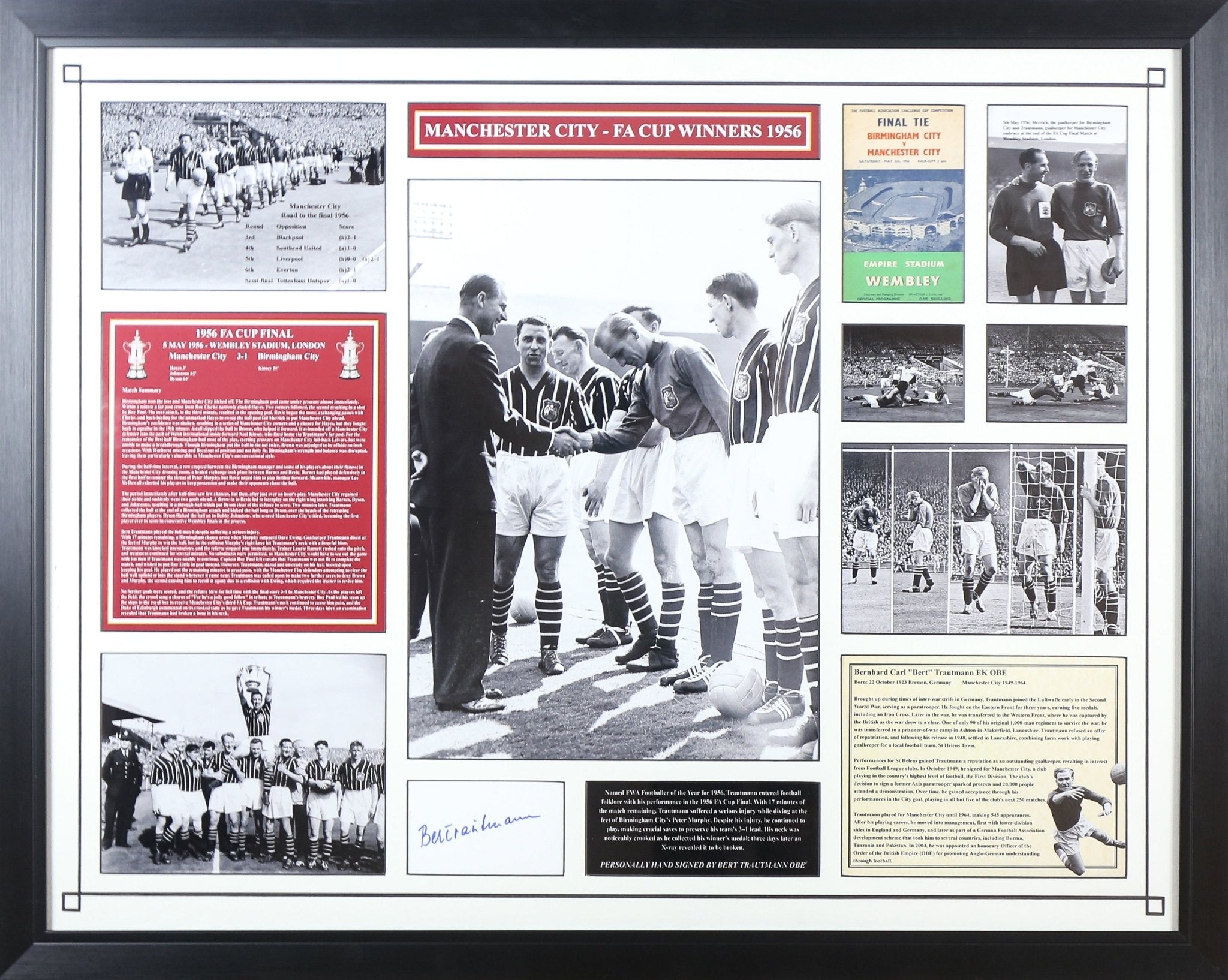 Bert Trautman Signed Man City FA Cup Framed Display - Memorabilia Framers Shop